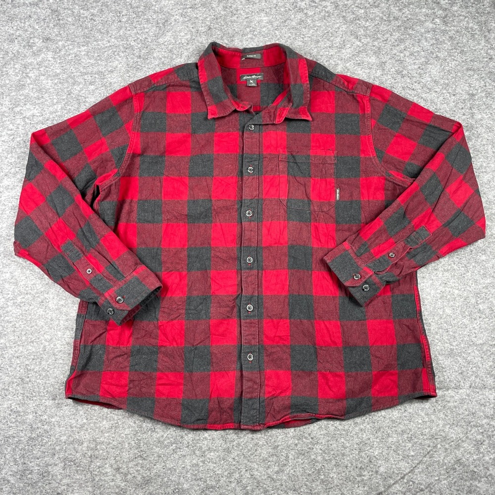 Eddie Bauer Flannel Shirt Mens 2XL Red Charcoal Buffalo Plaid Classic Fit Pocket